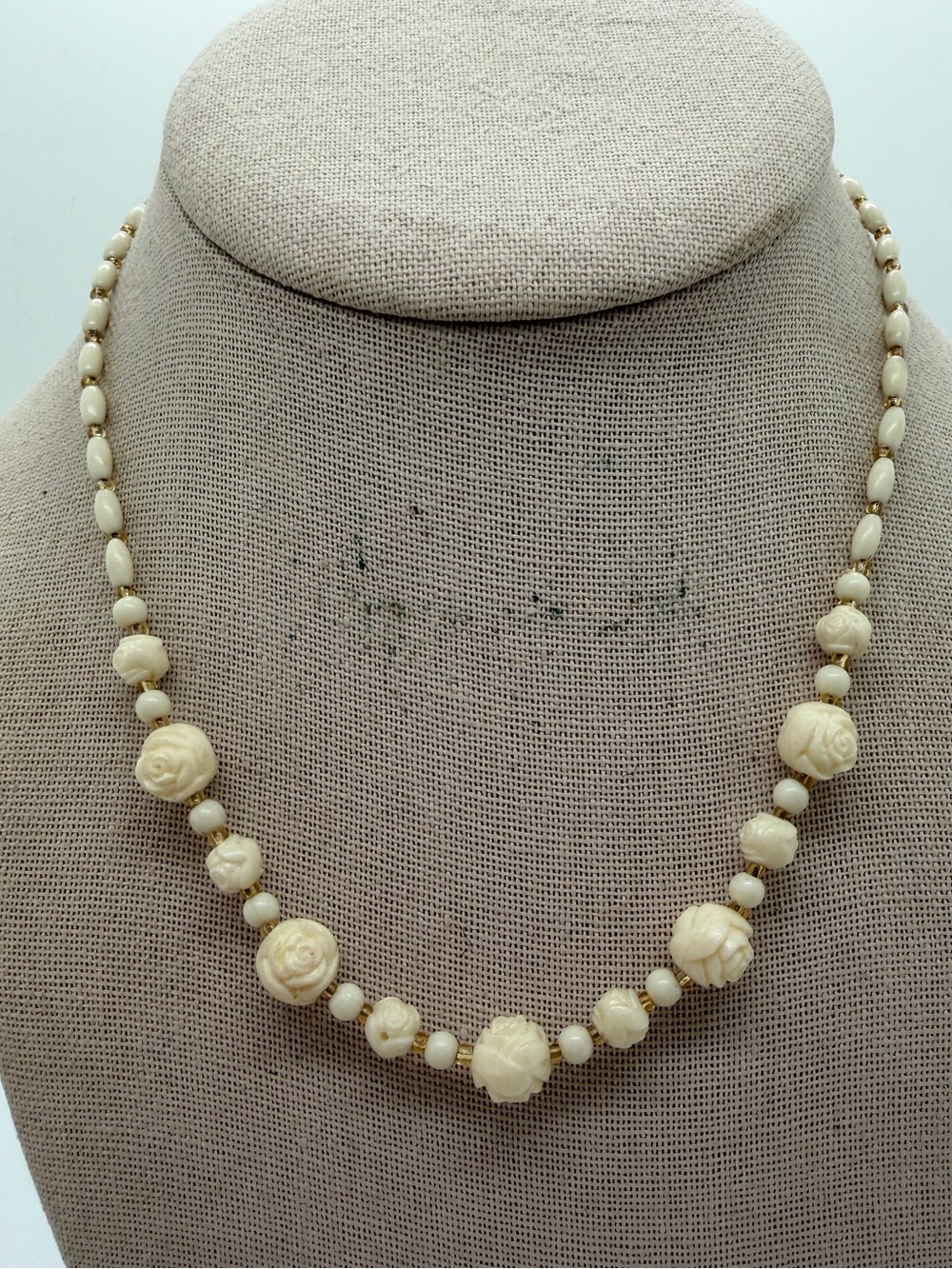 Vintage faux carved celluloid rose beaded necklace